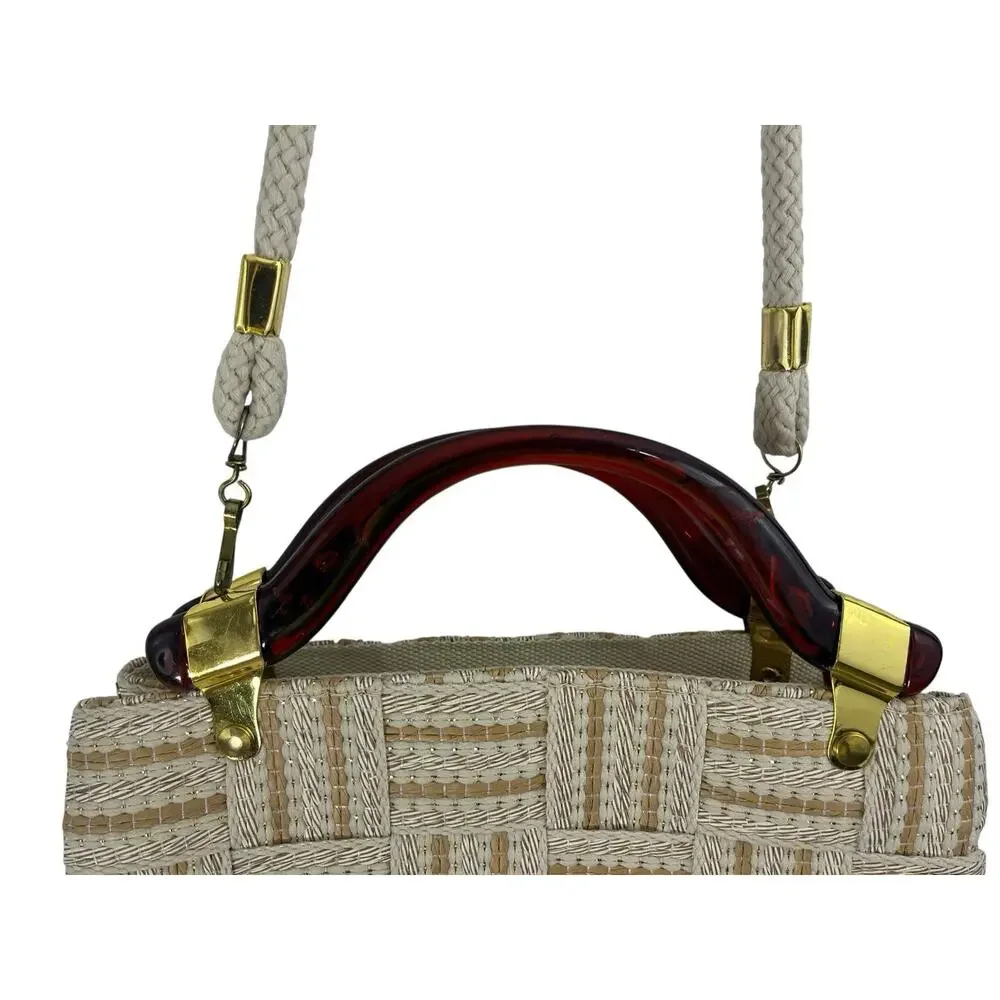 Vtg Handbag Purse Woven Purse Lucite Handles Made In Italy NWT Bohemian Neutral